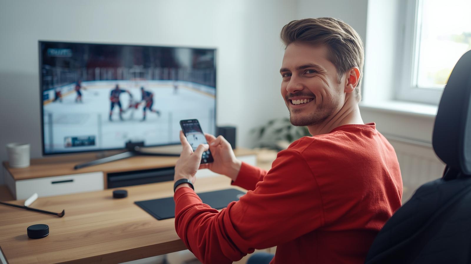 Cheerful hockey fan browsing online gaming on phone beside blurred laptop.
