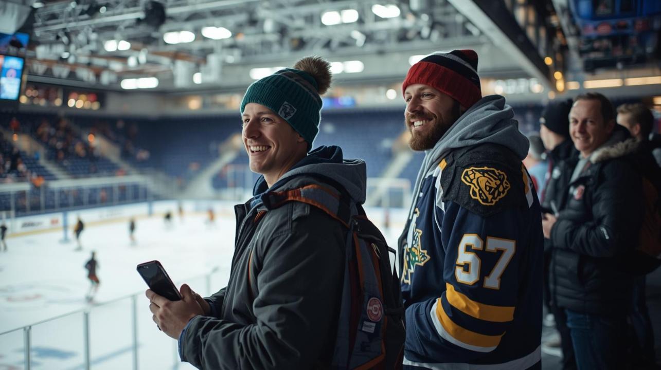 Hockey fans enjoying winter atmosphere outside rink while casually checking phones together.