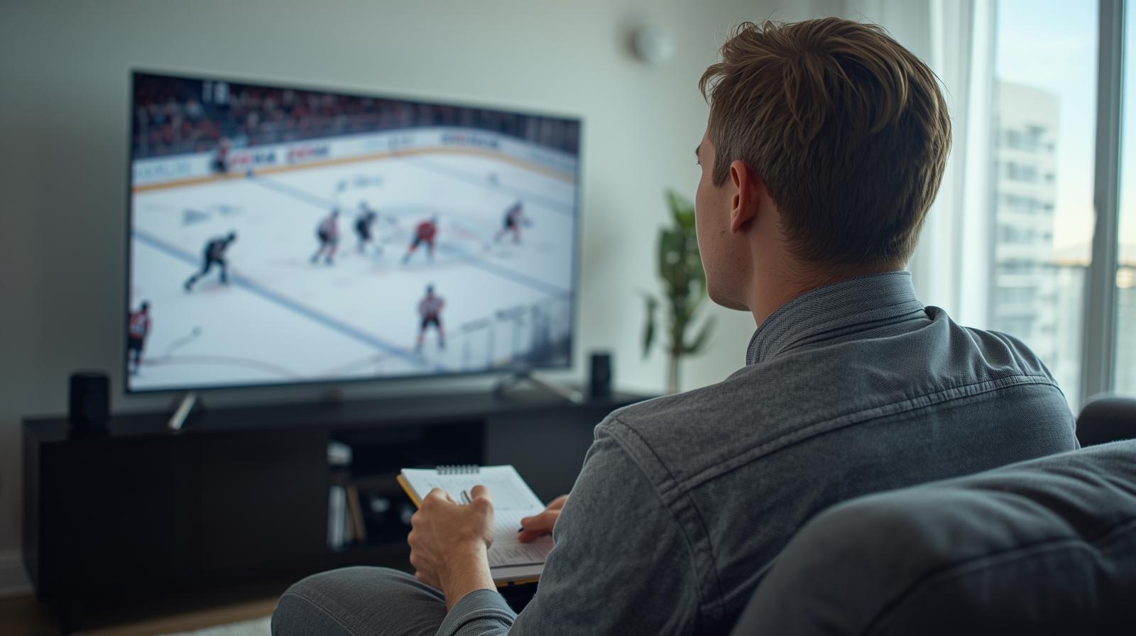 Focused hockey bettor analysing live game calmly in a bright modern living room.