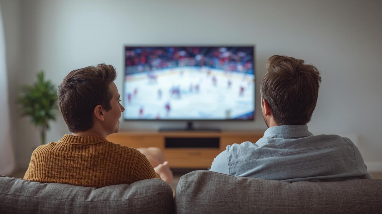 Friends enjoying a lively hockey moment together in a bright, welcoming living space.