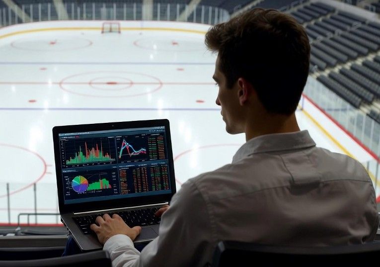 hockey rink with statistics overlay, a bettor analyzing odds on a laptop