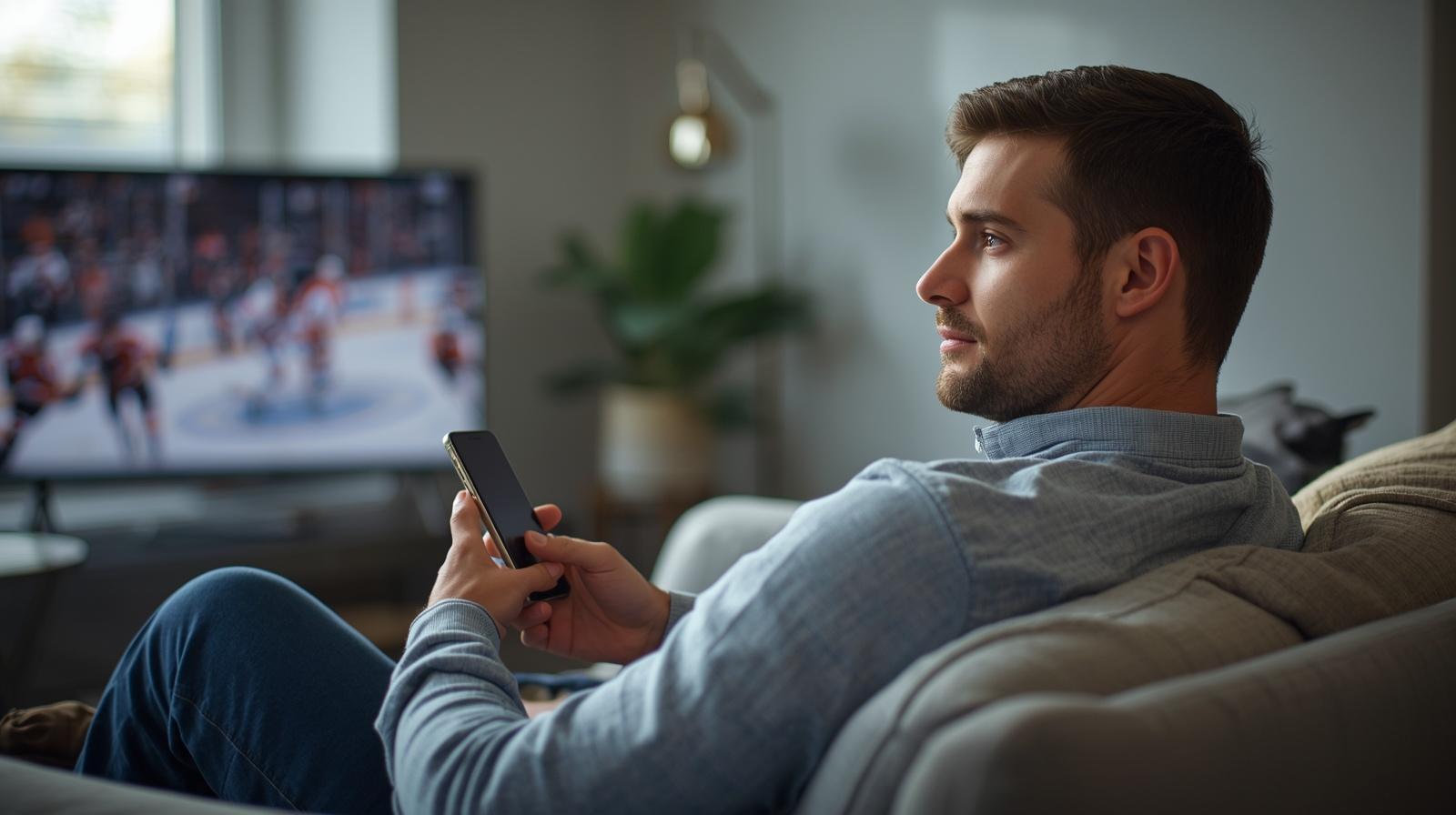 Man calmly watching hockey while placing bet on smartphone at home.