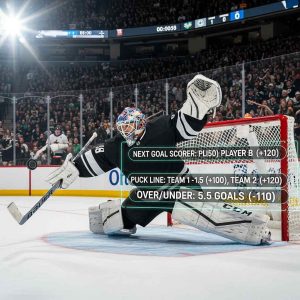 A hockey goalie making a dramatic save during a playoff game and digital betting stats overlay on ice.
