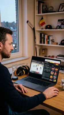 Hockey fan using a laptop to explore legal online casinos in Belgium before placing hockey bets
